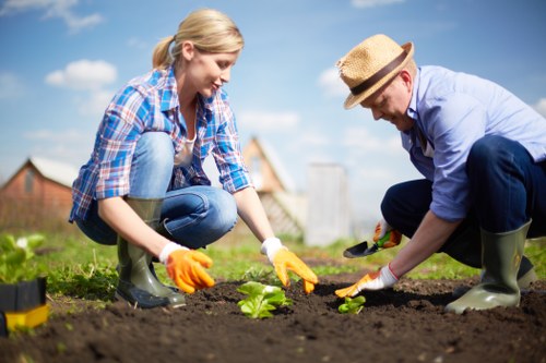 Volunteer setting up a community garden sign with clear text